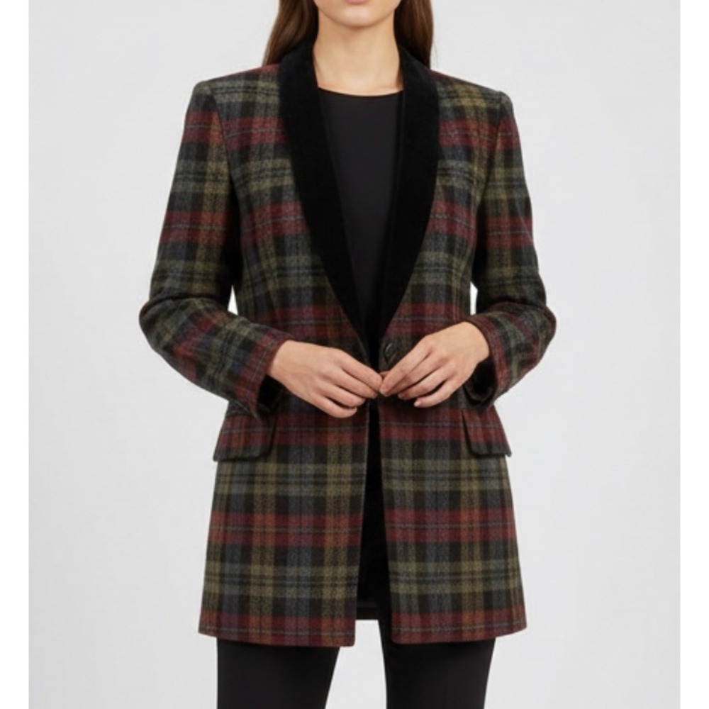 VTG Jones New York PLAID WOOL BLAZER JACKET Velvet Collar BLACK GREEN RUST sz 8
